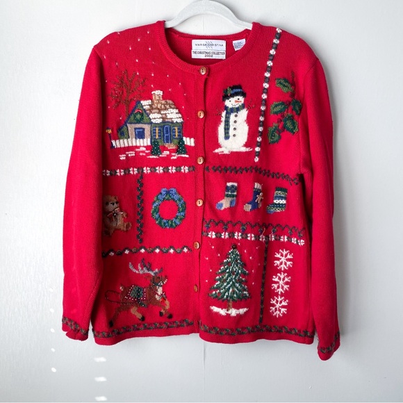 Vintage Sweaters - Vintage Y2K Ugly Christmas Cardigan Knit Sweater Red Large